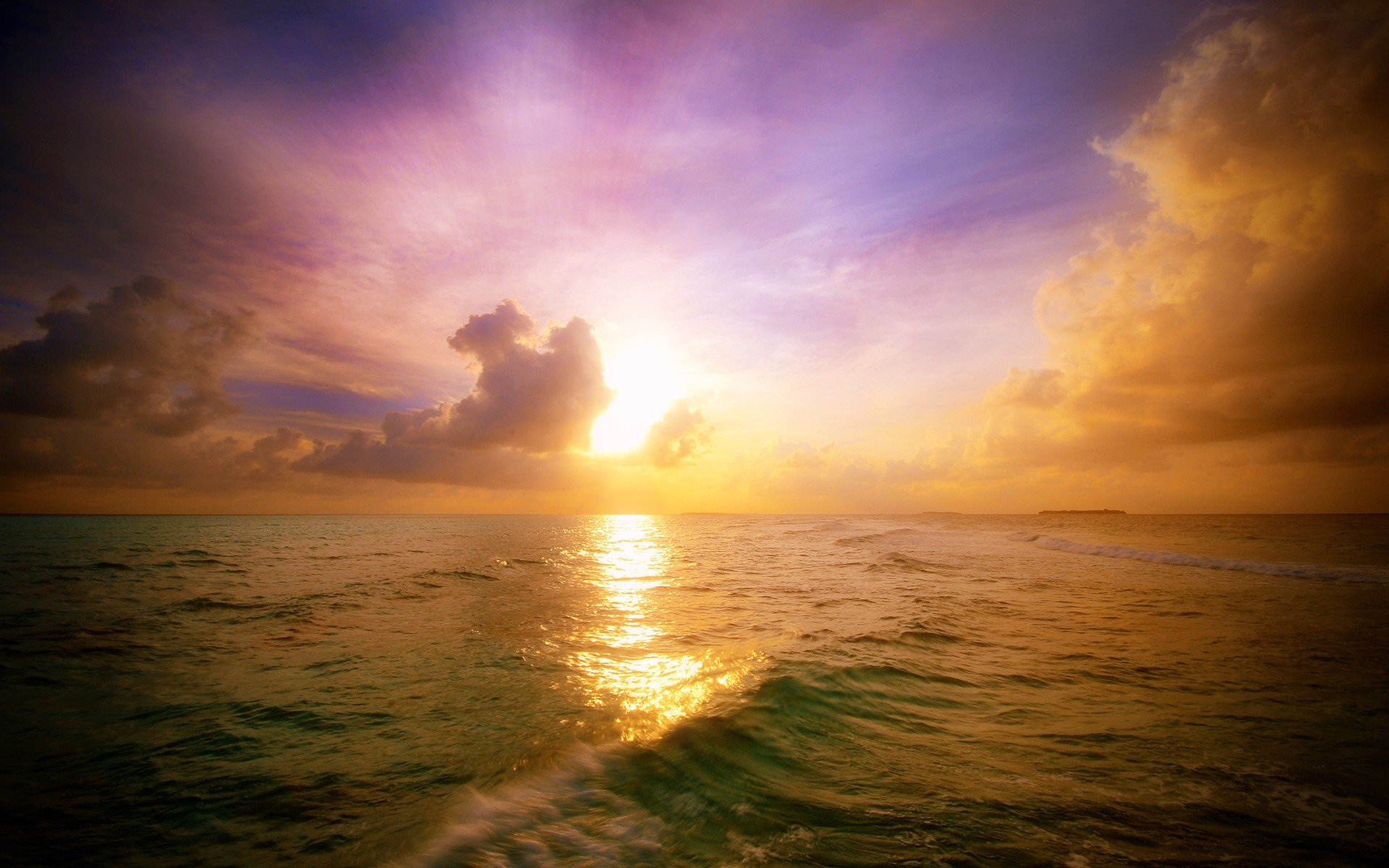sunset, Waves, Sea, Clouds Wallpaper