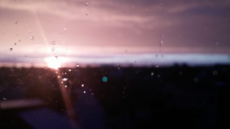 rain, Sunset, Blurred, Lights, Sun rays HD Wallpaper Desktop Background