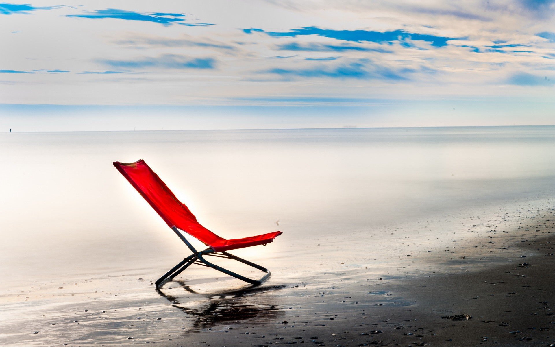 chair, Sea, Sky, Horizon, Clouds, Beach Wallpaper