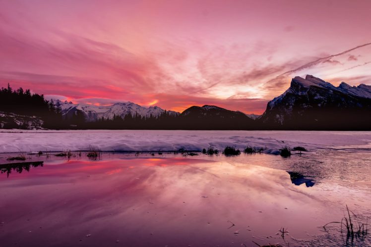 Alberta, Canada, Landscape, Winter, Sunrise, Outdoors, Snow, Mountains, Water HD Wallpaper Desktop Background