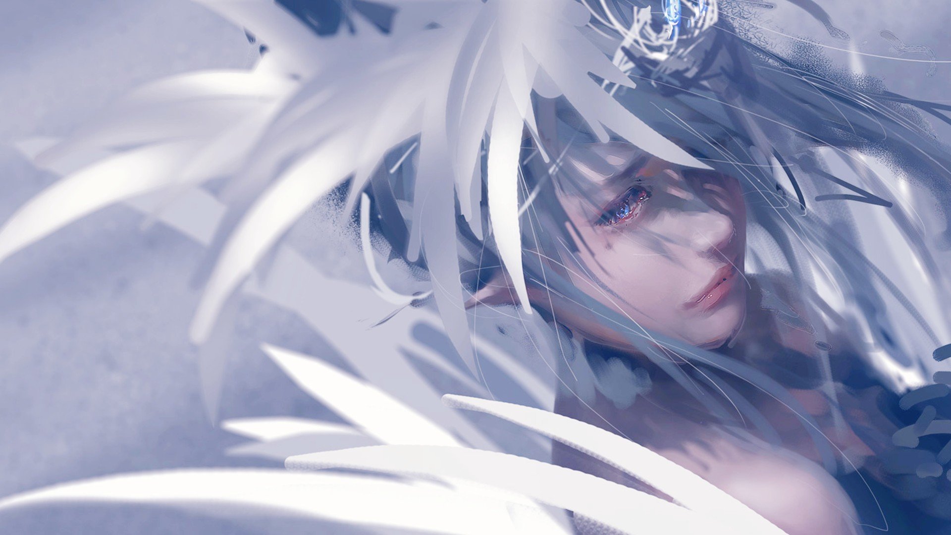 WLOP, Blue eyes, Feathers, Crown Wallpaper