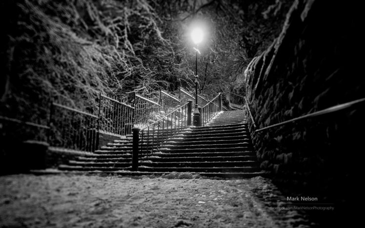 night, Winter, Stairs, City, Monochrome, Lights HD Wallpaper Desktop Background