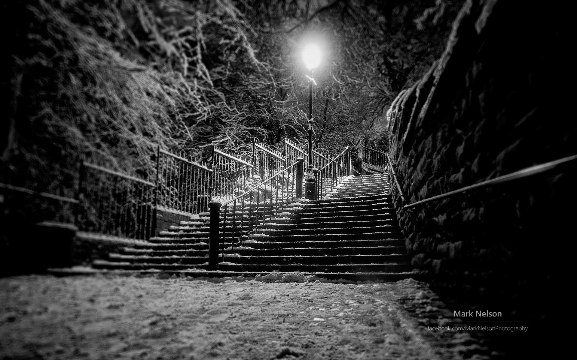 night, Winter, Stairs, City, Monochrome, Lights Wallpaper