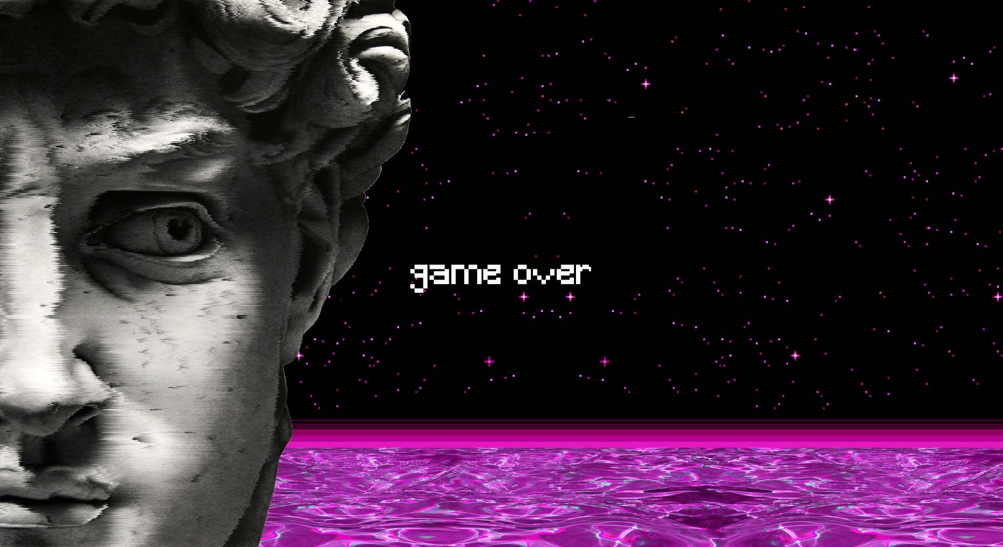 vaporwave, Statue, Water, Spaceship, GAME OVER, Pixel art Wallpaper