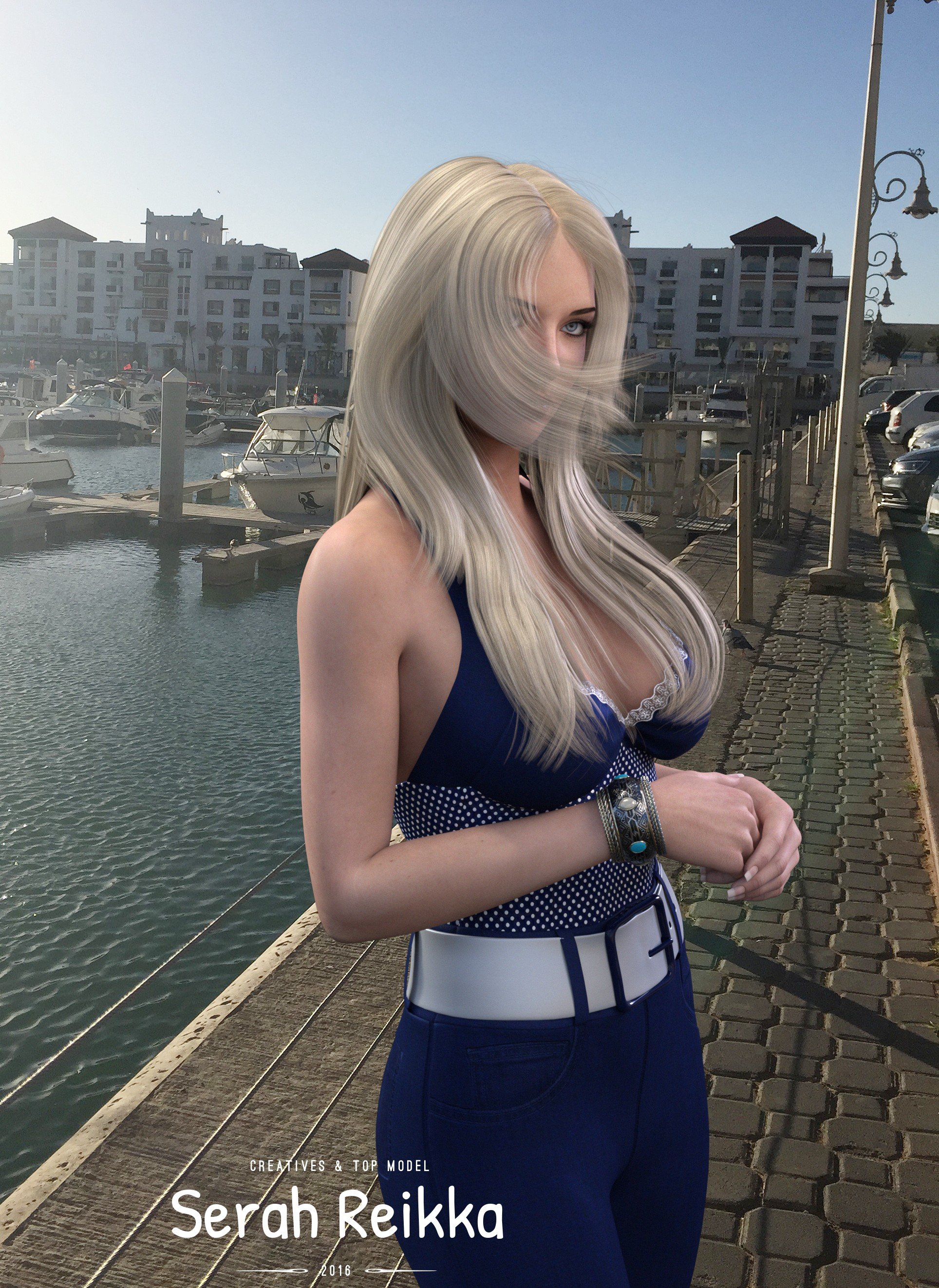 serah reikka, Luxia, Model, Women, Blonde, Blue eyes, Blue panties, Blond hair, Nails, Blue dress, Jewelry, Wind, Ports, Render, CGI, Digital art, 3D, 3d design Wallpaper