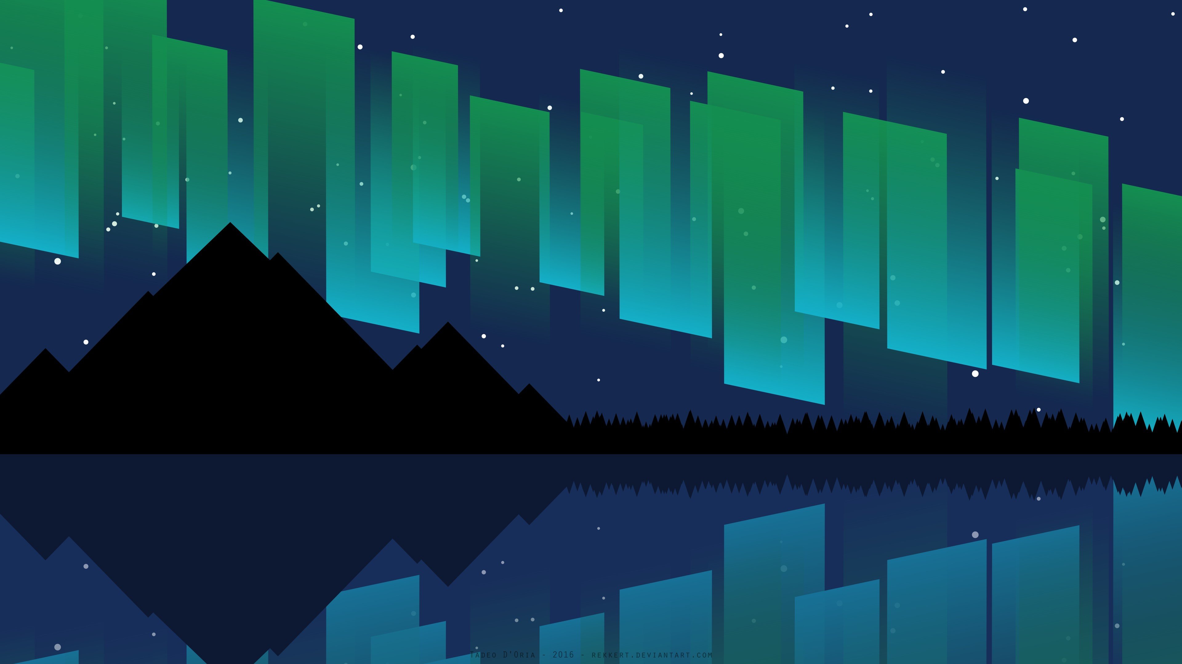 Aurora, Sea, Mountains, Digital art, Vector, Night, Stars, Silhouette Wallpaper