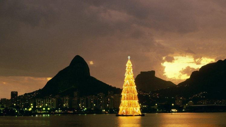 Rio de Janeiro, Brazil, Christmas Tree, Bay, Sunset, Landscape, City HD Wallpaper Desktop Background
