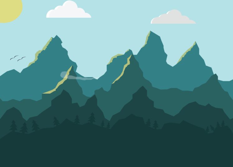 Photoshop, Landscape, Mountains, Birds, Trees, Clouds HD Wallpaper Desktop Background