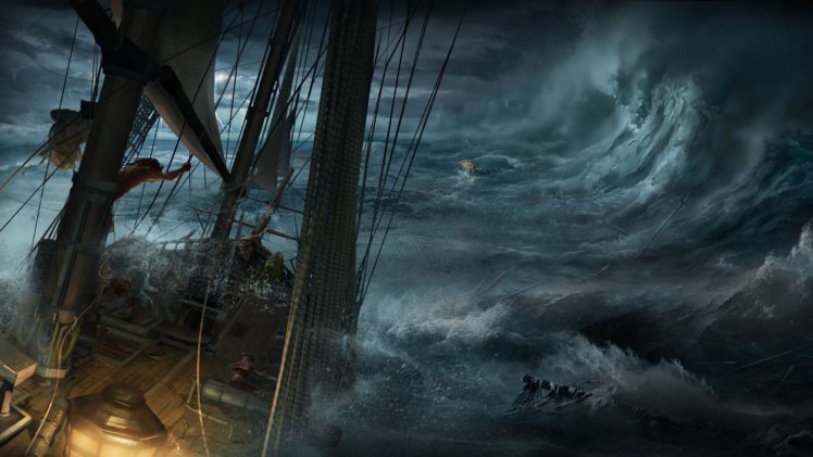 sailors, Nature, Water, Sea, Waves, Digital art, Sailing ship, Storm, Dark, Clouds, Ropes, Destruction, Assassin&039;s Creed III, Video games HD Wallpaper Desktop Background