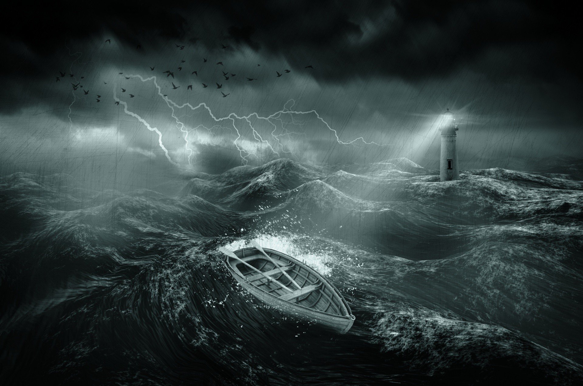 nature, Water, Sea, Waves, Lighthouse, Storm, Lightning, Dark, Boat, Rain, Birds, Clouds, Lights, Digital art, Scratches Wallpaper