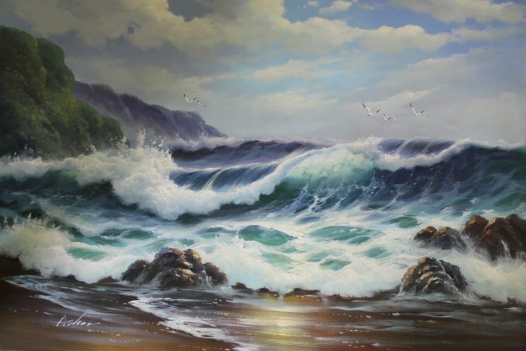 nature, Water, Sea, Waves, Coast, Rock, Cliff, Birds, Clouds, Painting, Artwork, Oil painting HD Wallpaper Desktop Background