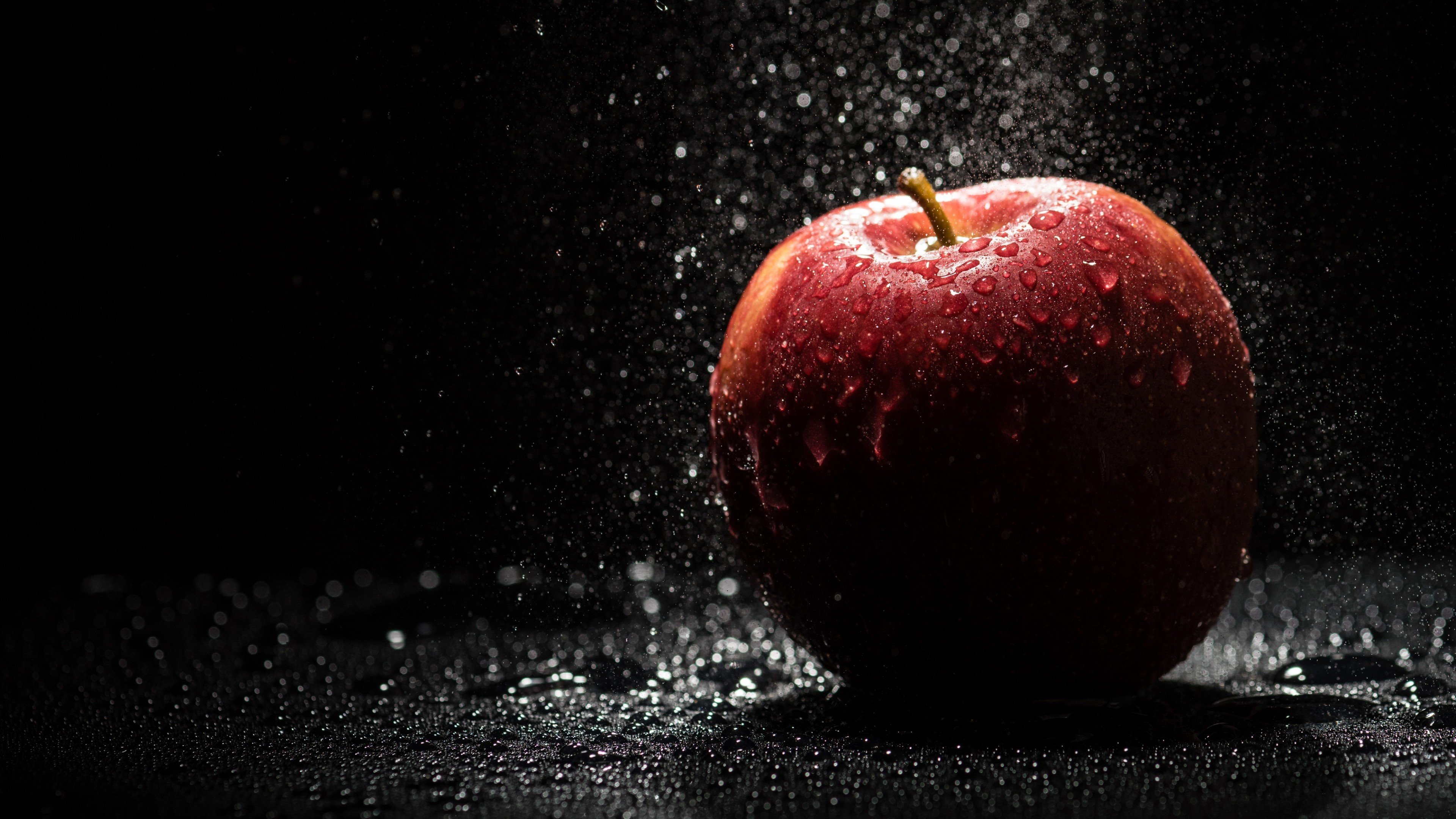 water, Water drops, Fruit, Apples, Shadow, Lights, Black background, Photography, Splashes Wallpaper