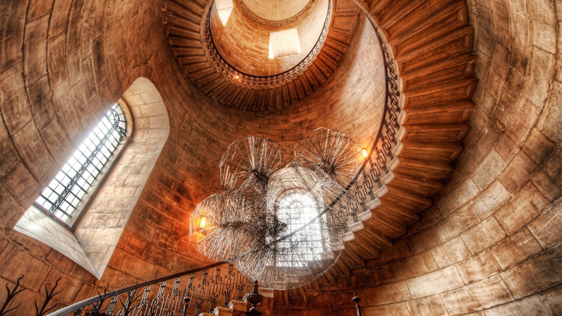 interior, Sunlight, HDR, Staircase, Tower, Bricks, Window, Ancient, Chandeliers Wallpaper