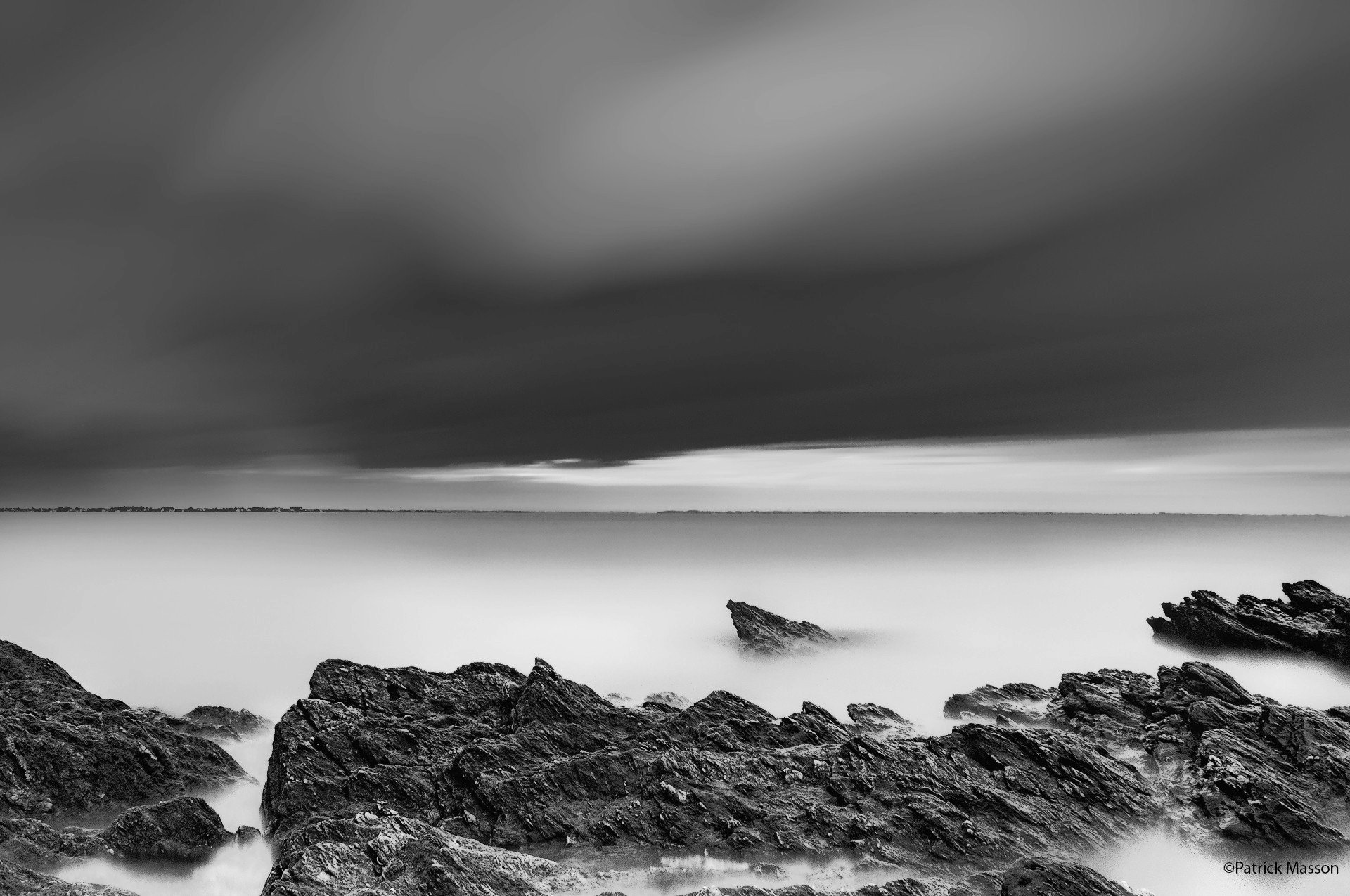 Patrick Masson, Nature, Landscape, Sea, Rock, Monochrome, Horizon, Clouds, Long exposure, Photography Wallpaper