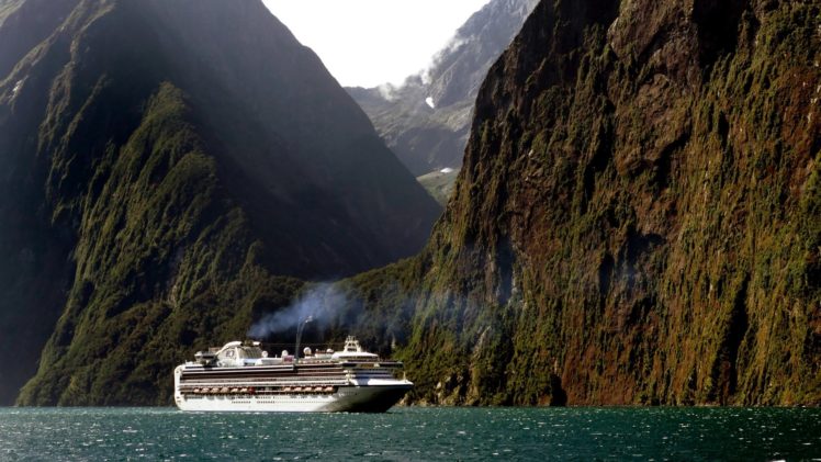 nature, Landscape, Sea, New Zealand, Cruise ship, Mountains, Smoke, Trees, Forest HD Wallpaper Desktop Background