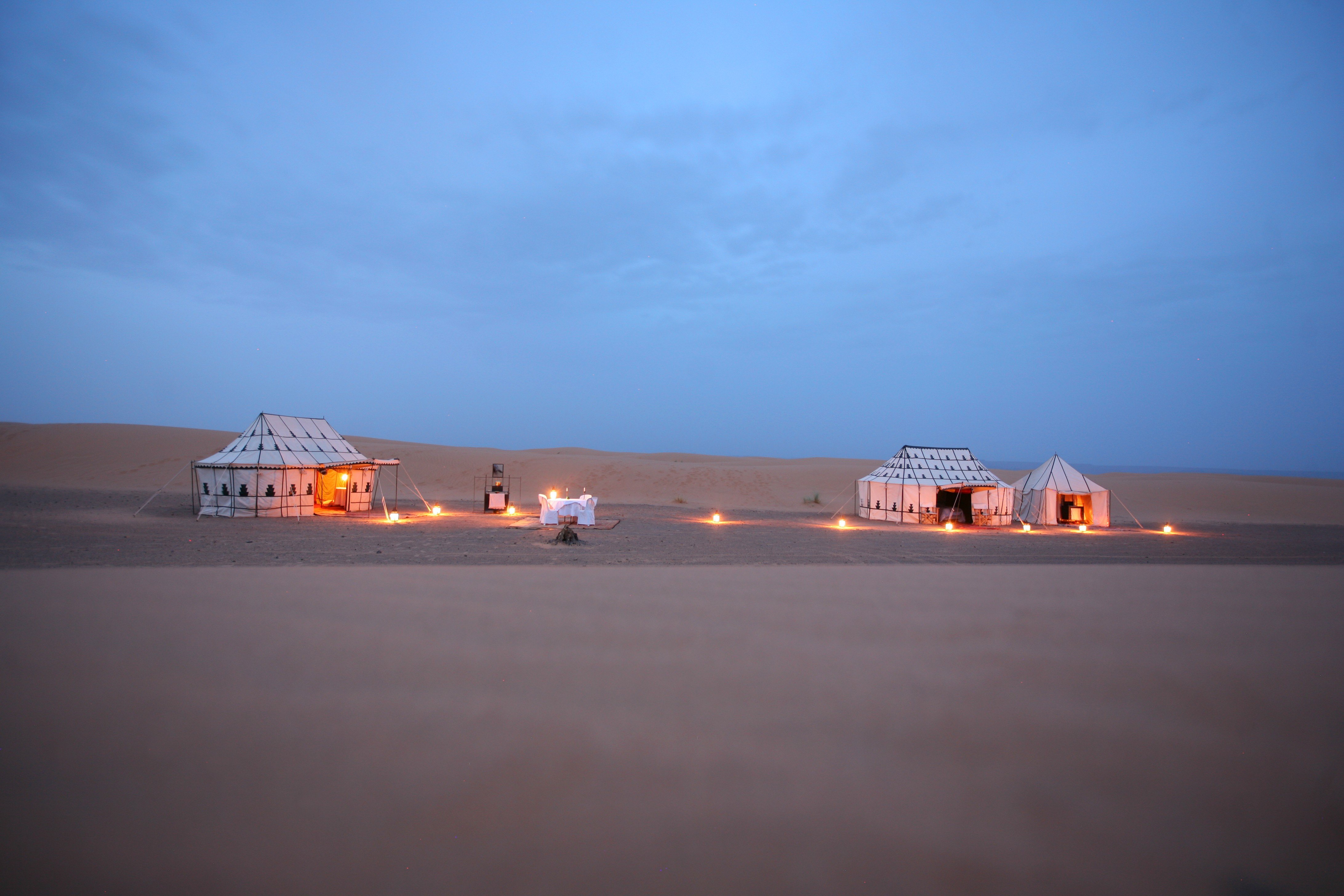 luxury, Nature, Landscape, Morocco, Africa, Sand, Desert, Tent, Lights, Camp, Clear sky, Evening Wallpaper