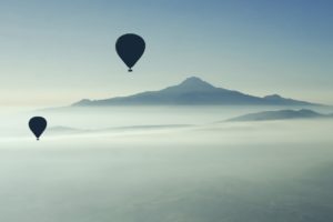 balloon, Hot air balloons, Mist, Mountains, Sky