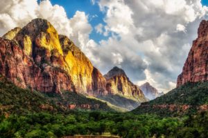 Zion National Park, Utah, Trees, Clouds, Nature
