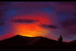 artwork, Illustration, Sky, Mountains, Clouds, Sunset