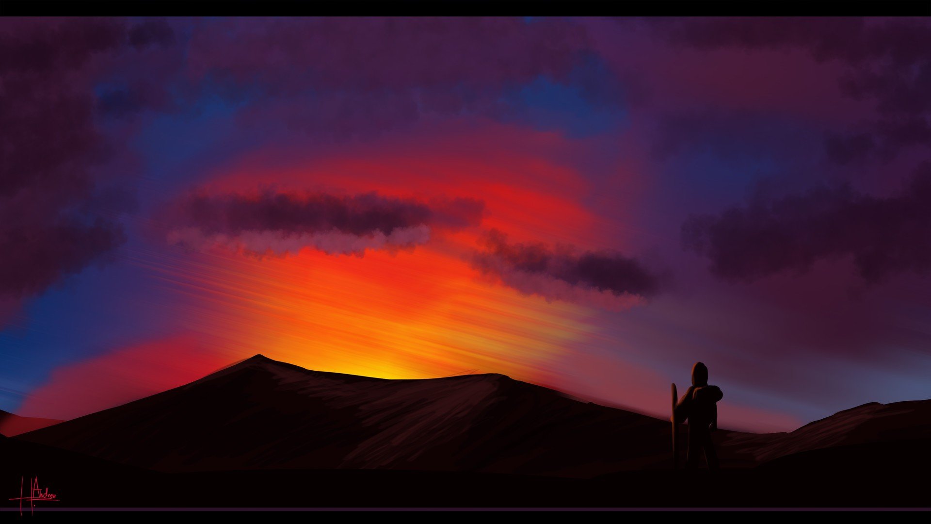 artwork, Illustration, Sky, Mountains, Clouds, Sunset Wallpaper