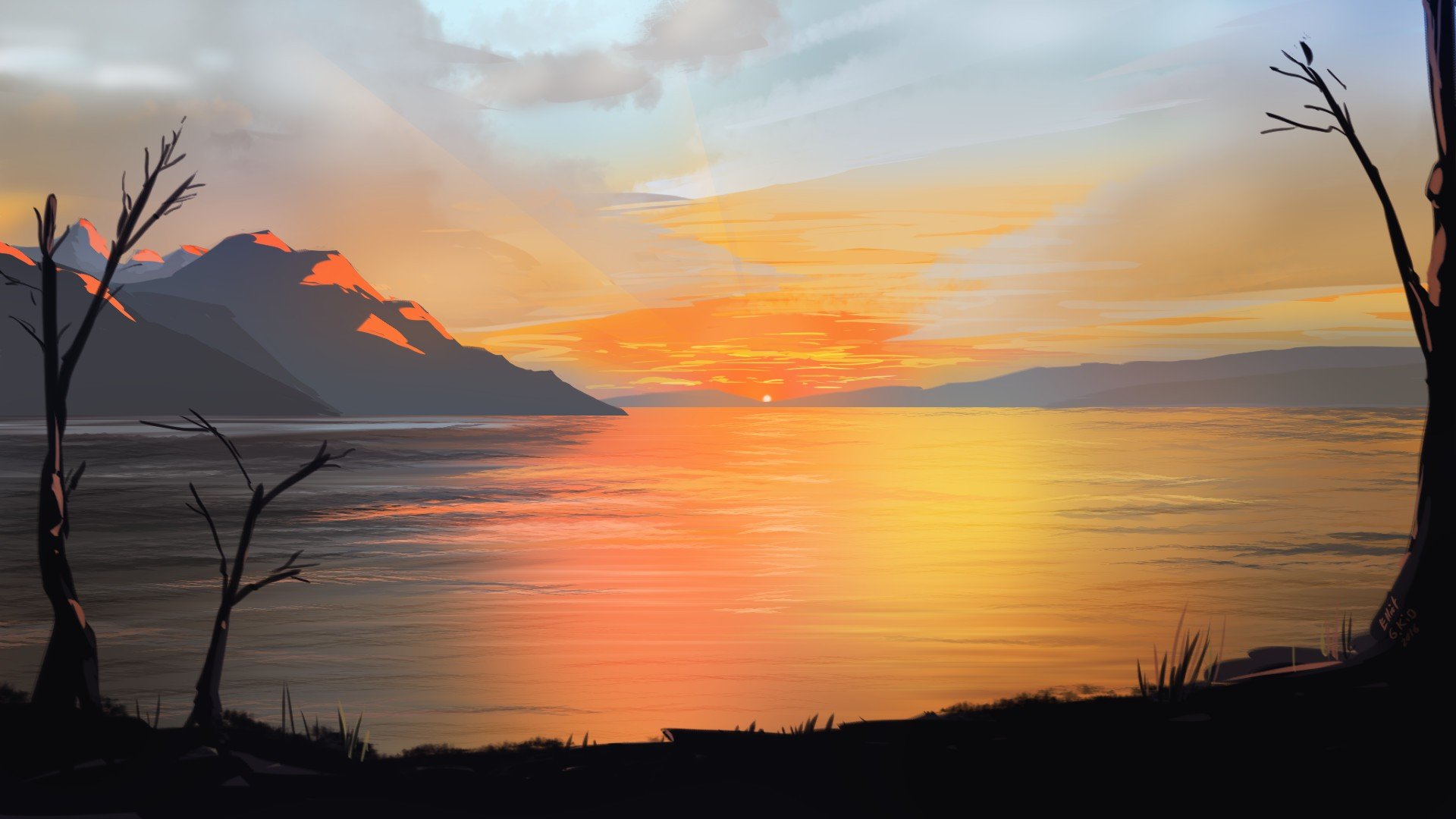 artwork, Illustration, Sunset, Mountains, Sky Wallpaper