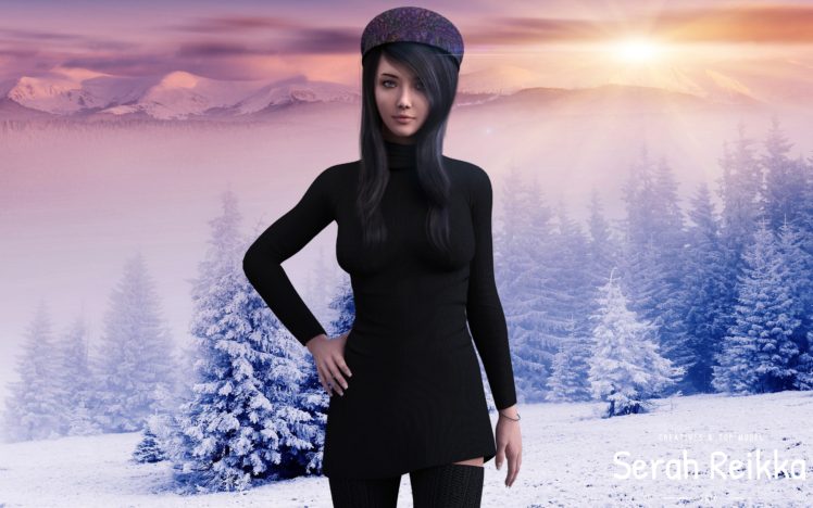 serah reikka, Asian, Women, Blue eyes, Long nails, Render, CGI, Winter, Snow, Digital art, 3D, 3d design, Black dress, Black hair, Black hat HD Wallpaper Desktop Background