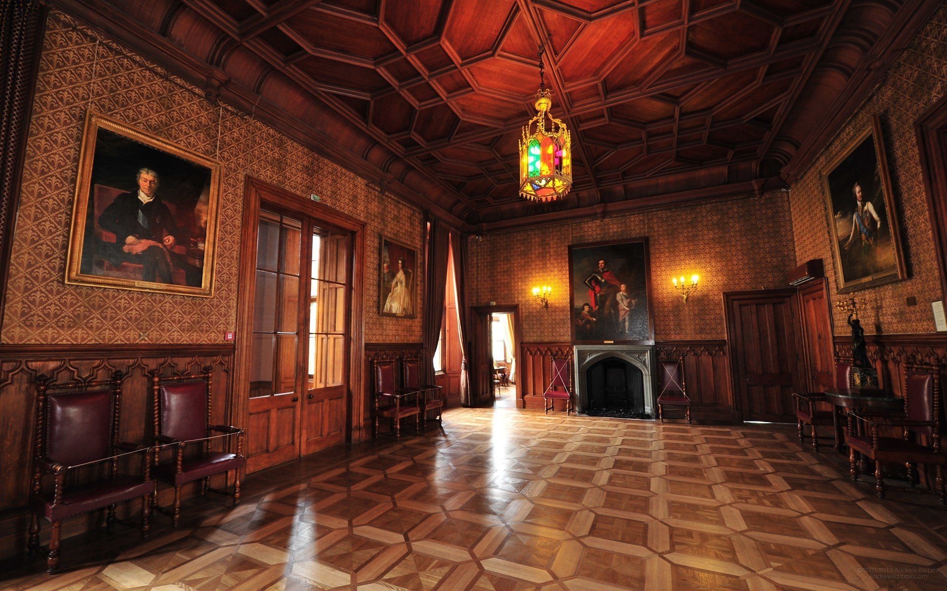 interior, Room, Indoors, Painting, Wooden surface, Ancient, Door, Chandeliers, Castle, Crimea, Chair Wallpaper
