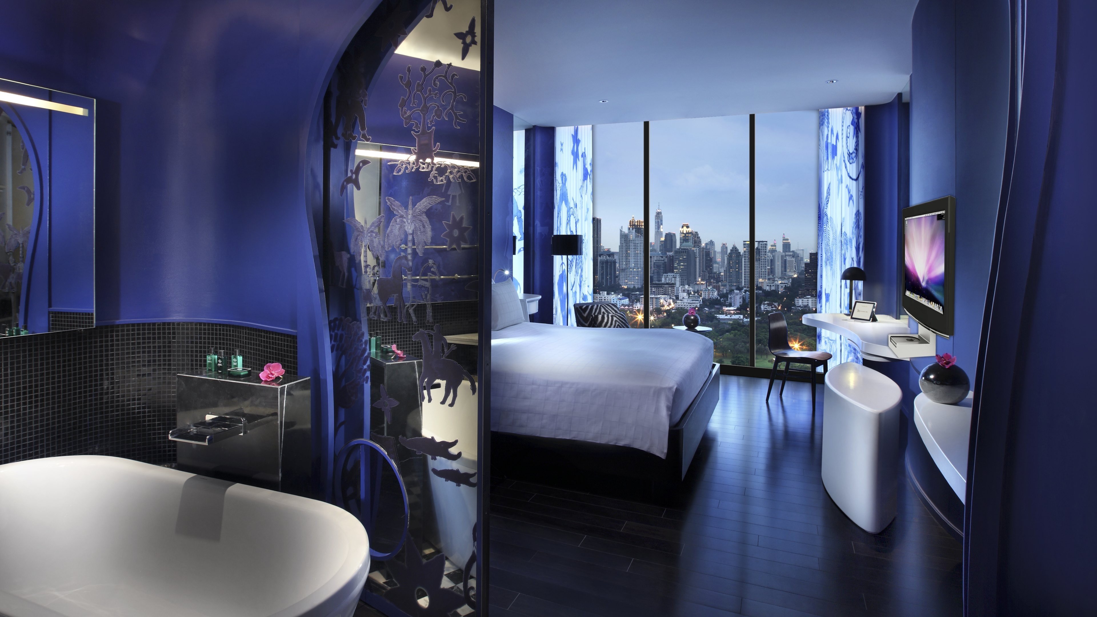 interior, Room, Indoors, Modern, Hotel, Interior design, Bathroom, Window, Cityscape, Bed, Skyscraper, Lights, Bangkok, Thailand Wallpaper
