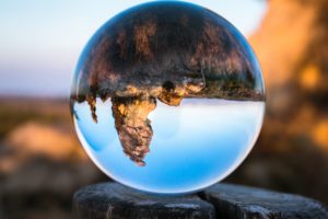 nature, Landscape, Trunks, Wood, Sphere, Glass, Reflection, Mountains, Rock, Upside down, Trees, Depth of field, Clear sky, Königstein, Germany