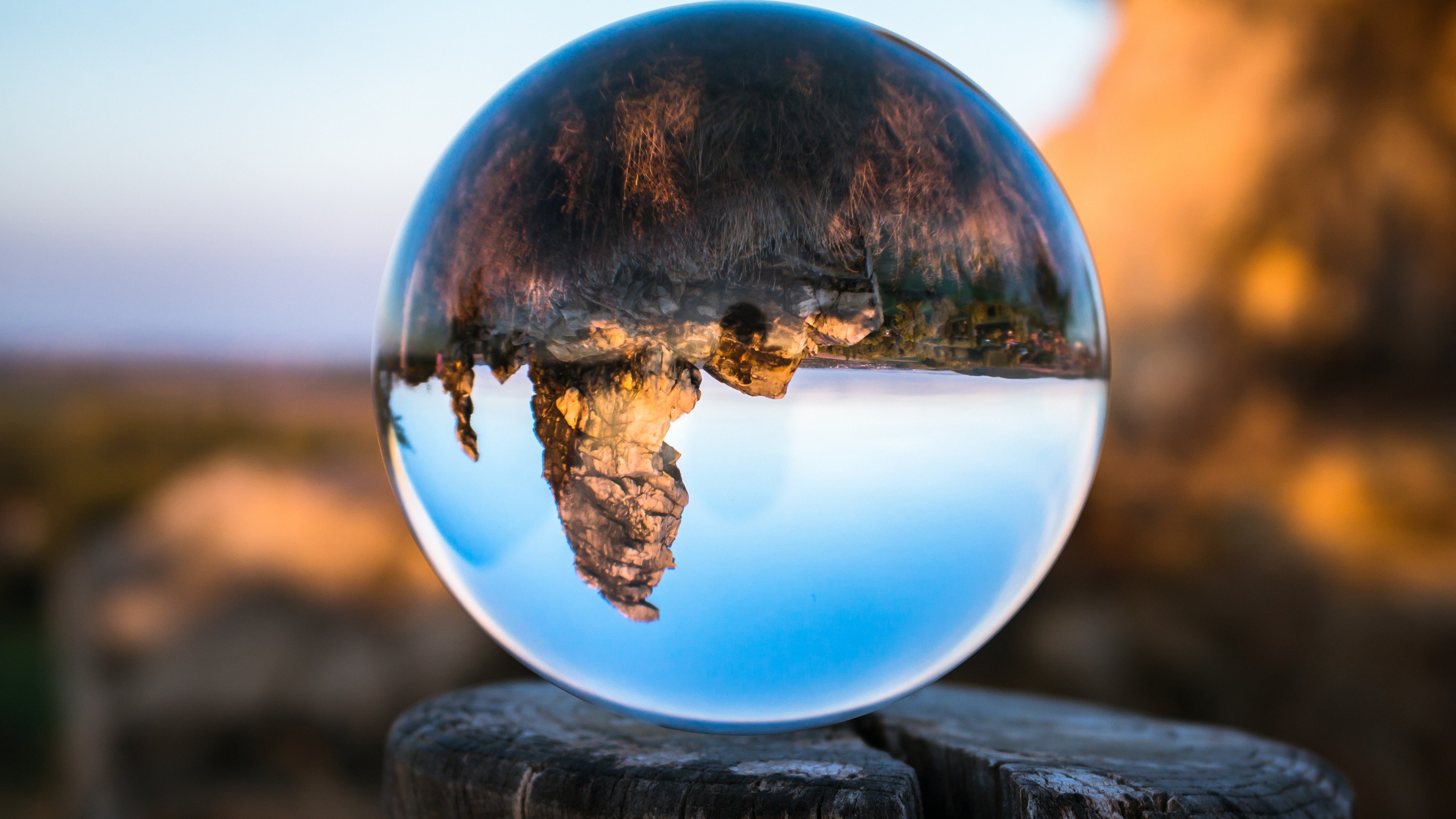 nature, Landscape, Trunks, Wood, Sphere, Glass, Reflection, Mountains
