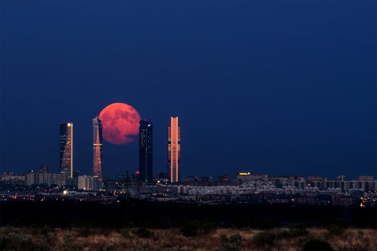 skyscraper, Moon, Madrid HD Wallpaper Desktop Background