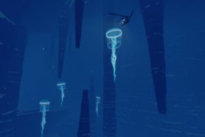 divers, Water, Underwater, Nature, Animals, Digital art, Jellyfish, Drawing, Blue background, Abzu