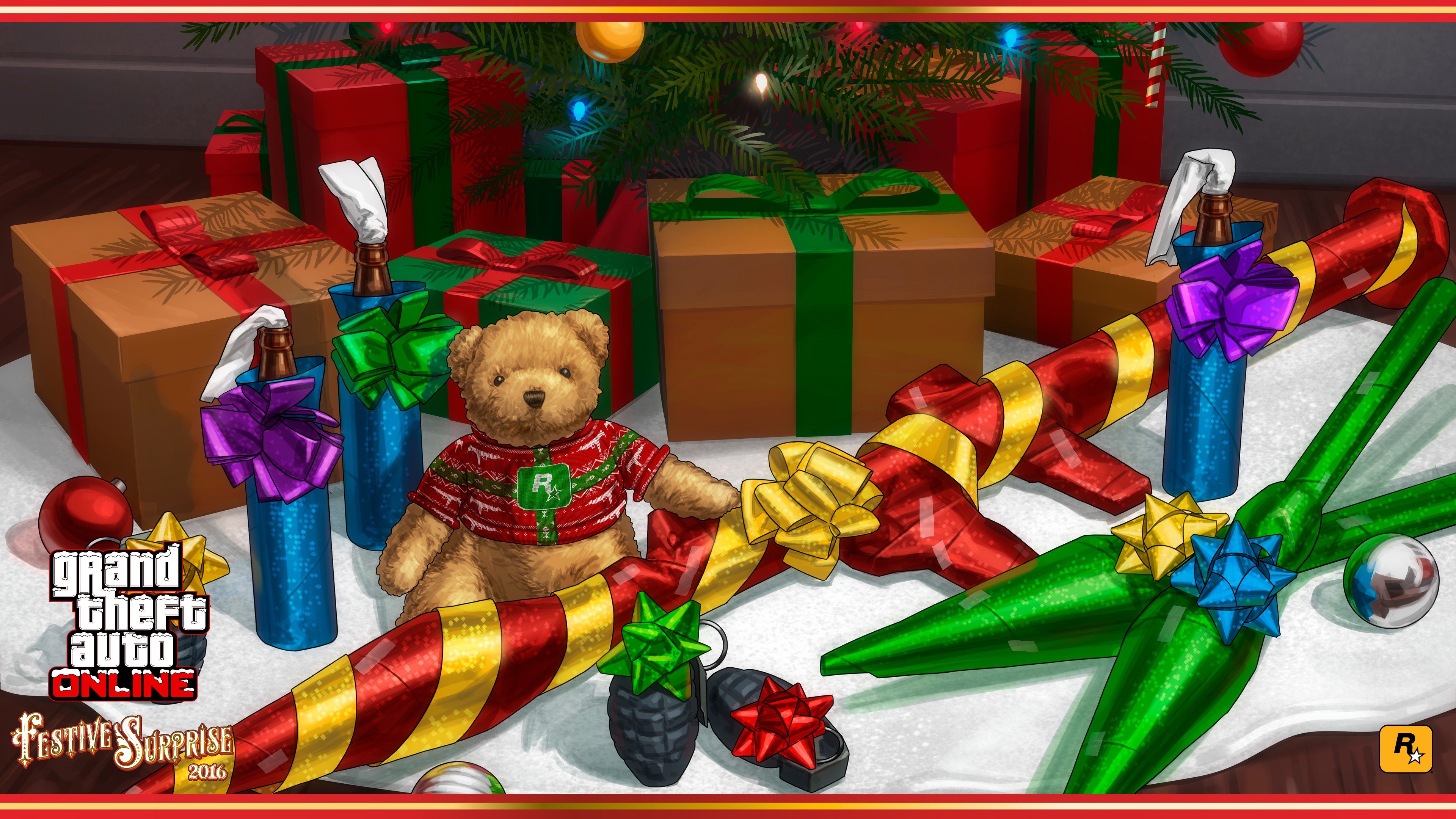 Grand Theft Auto V, Grand Theft Auto Online, Rockstar Games, Holiday, Christmas ornaments, Teddy bears, Weapon Wallpaper