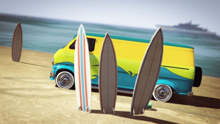 Grand Theft Auto V, Grand Theft Auto Online, Vans, Surfboards, Beach, Yacht, Rockstar Games, Vehicle HD Wallpaper Desktop Background