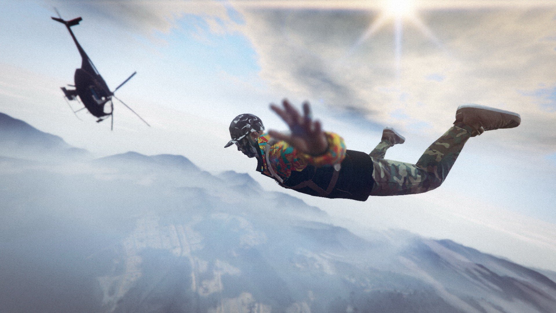 Grand Theft Auto V, Grand Theft Auto Online, Rockstar Games, Parachutes, Helicopters, Freefall, Mountains Wallpaper