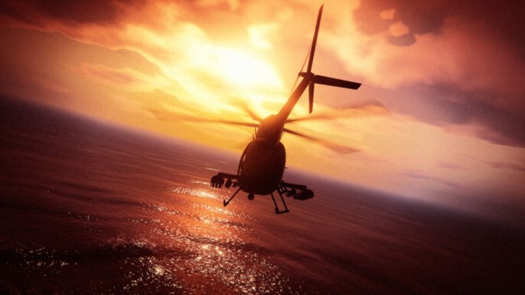 Grand Theft Auto V, Grand Theft Auto Online, Rockstar Games, Helicopters, Pacific Ocean, Sunset HD Wallpaper Desktop Background