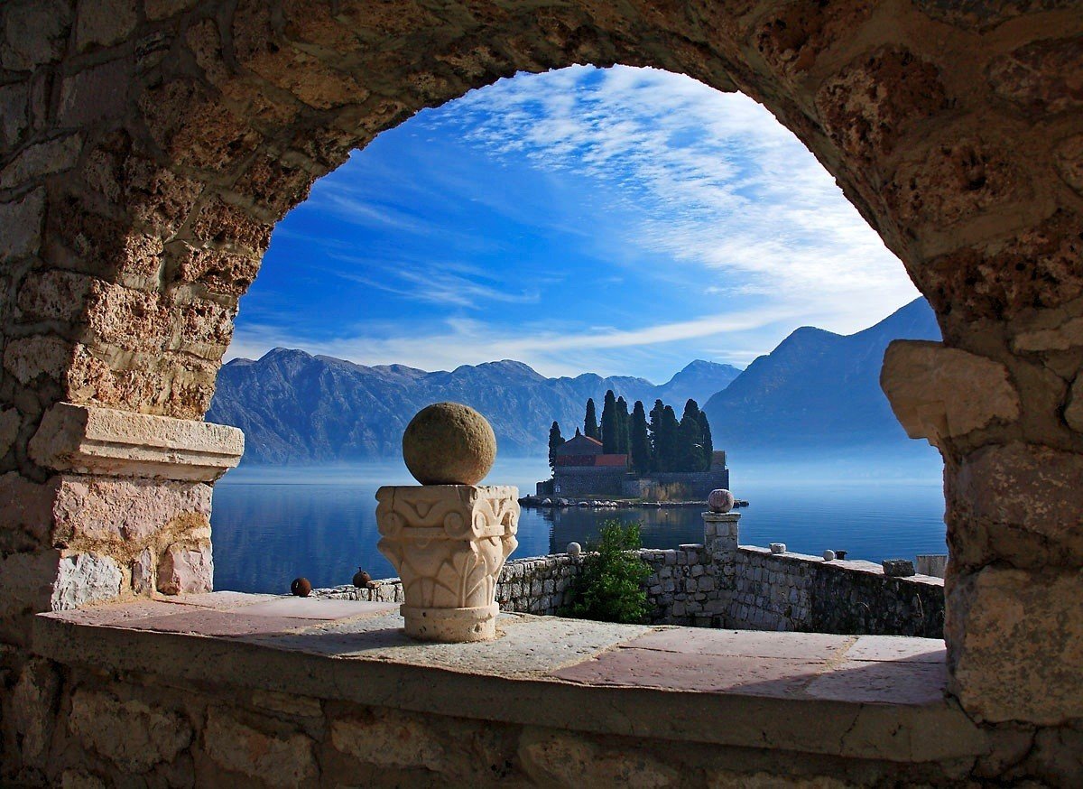 architecture, Old building, Ancient, Montenegro, Island, Landscape, Mountains, Clouds, Nature, Trees, Arch, Stones, Lake, Mist, Mediterranean Wallpaper