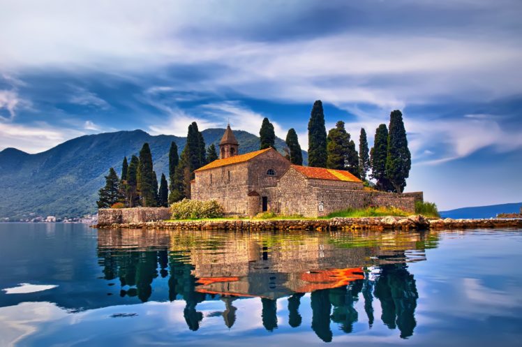 architecture, Old building, Ancient, Montenegro, Island, Landscape, Mountains, Clouds, Nature, Trees, Church, Rock, Reflection, Hills, Water, Lake, House, Mediterranean HD Wallpaper Desktop Background