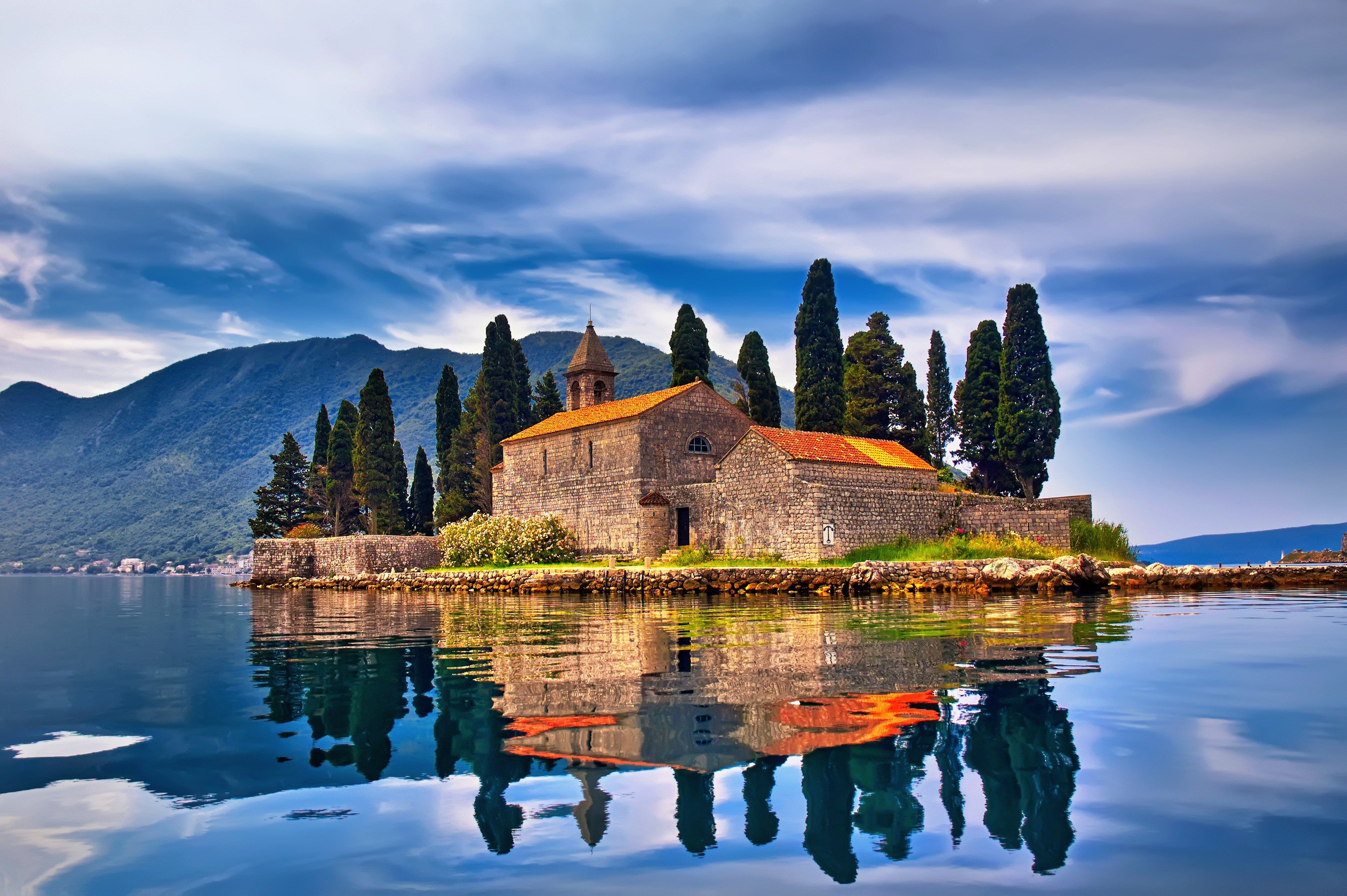 architecture, Old building, Ancient, Montenegro, Island, Landscape, Mountains, Clouds, Nature, Trees, Church, Rock, Reflection, Hills, Water, Lake, House, Mediterranean Wallpaper