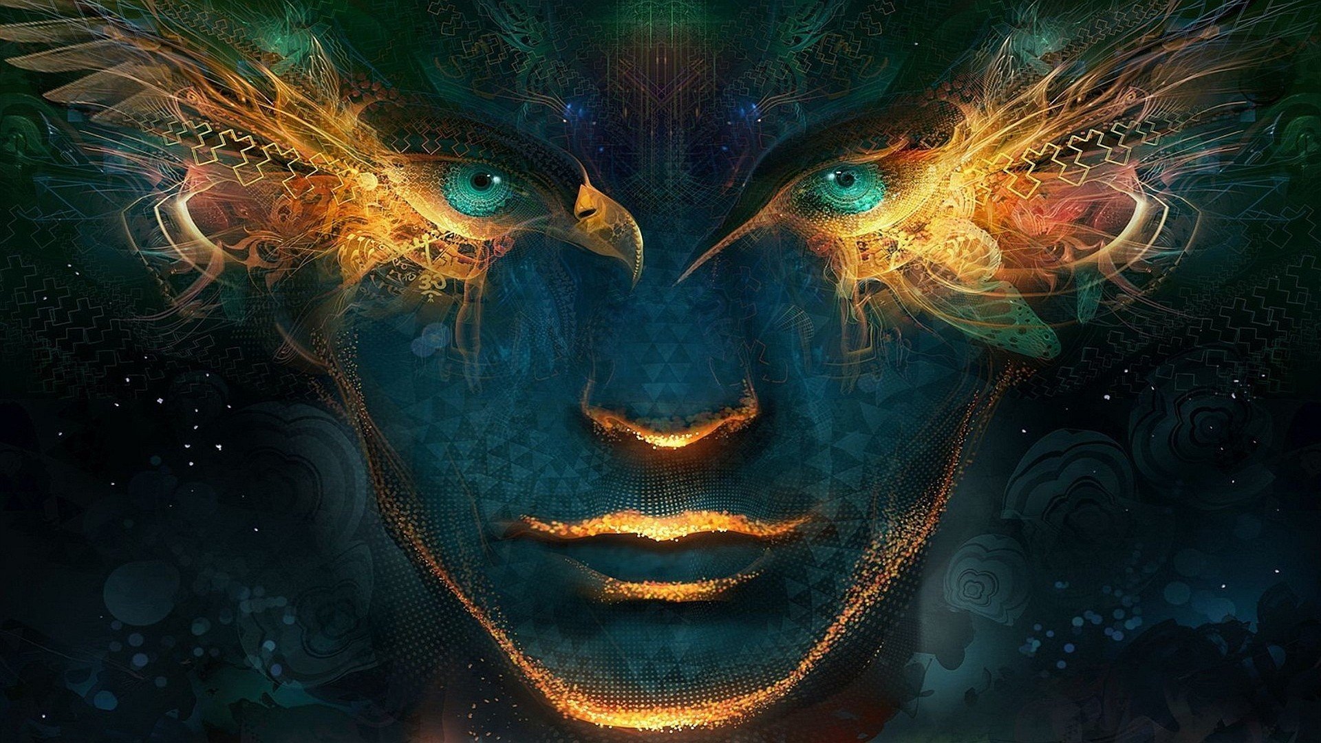 face, Green eyes, Digital art, Artwork, Abstract, Geometry, Wings, Glowing, Android Jones HD