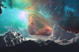 astronaut, Space, Galaxy, Earth, Clouds, Mountains, Photo manipulation, Science fiction