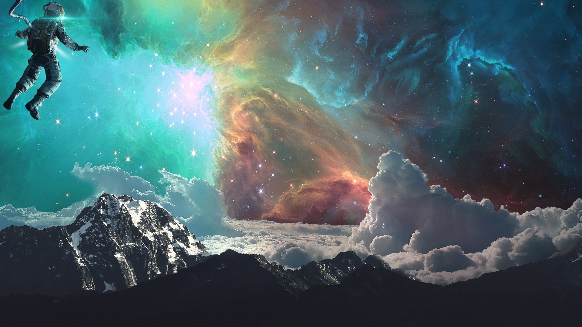 astronaut, Space, Galaxy, Earth, Clouds, Mountains, Photo manipulation, Science fiction Wallpaper