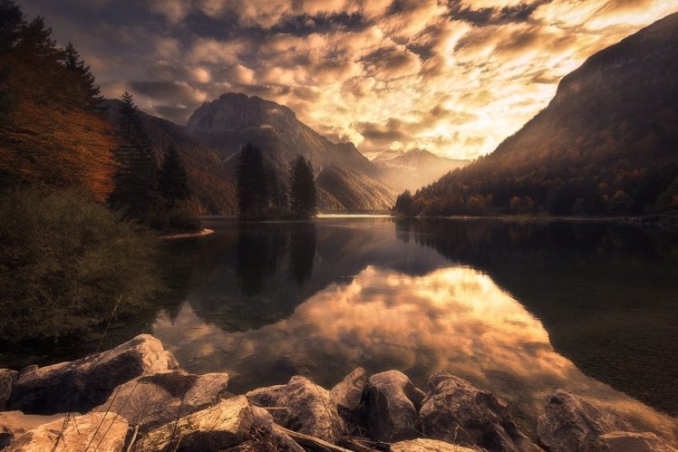 nature, Photography, Landscape, Fall, Lake, Mountains, Sunset, Reflection, Forest, Slovenia HD Wallpaper Desktop Background