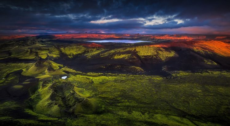 nature, Photography, Landscape, Sunrise, Mountains, Grass, Lake, Clouds, Aerial view, Iceland HD Wallpaper Desktop Background