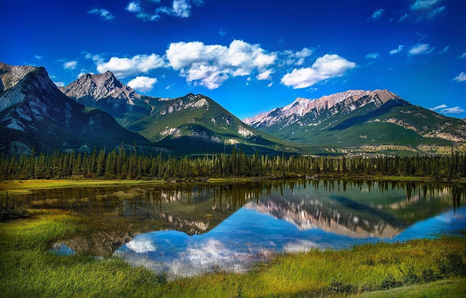 nature, Photography, Landscape, Mountains, Lake, Reflection, Grass, Forest, Summer, Blue, Jasper National Park, Alberta, Canada Wallpaper