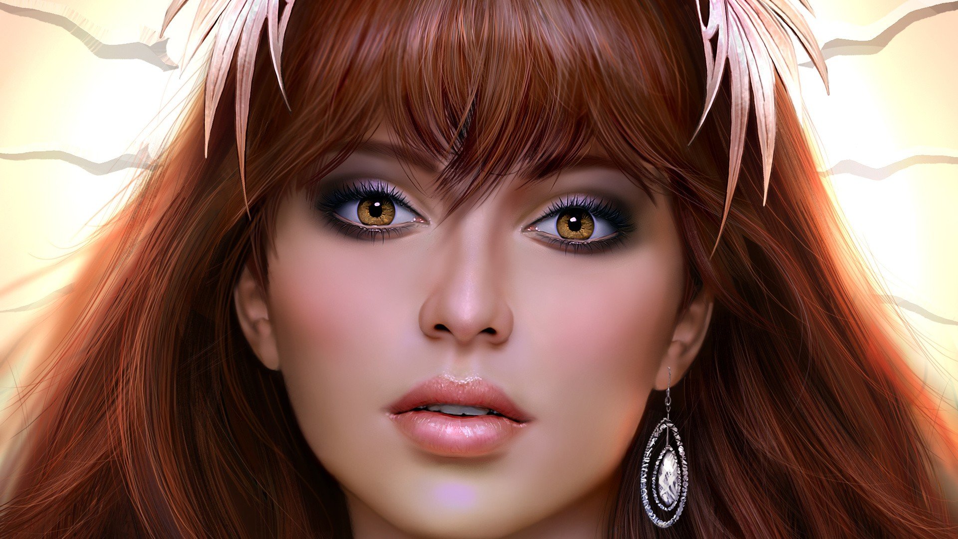 face, Bangs, Redhead, Open mouth, Looking at viewer, Women, Digital art, Portrait, Hoop earrings, Brown eyes, Fantasy girl, Leaves Wallpaper