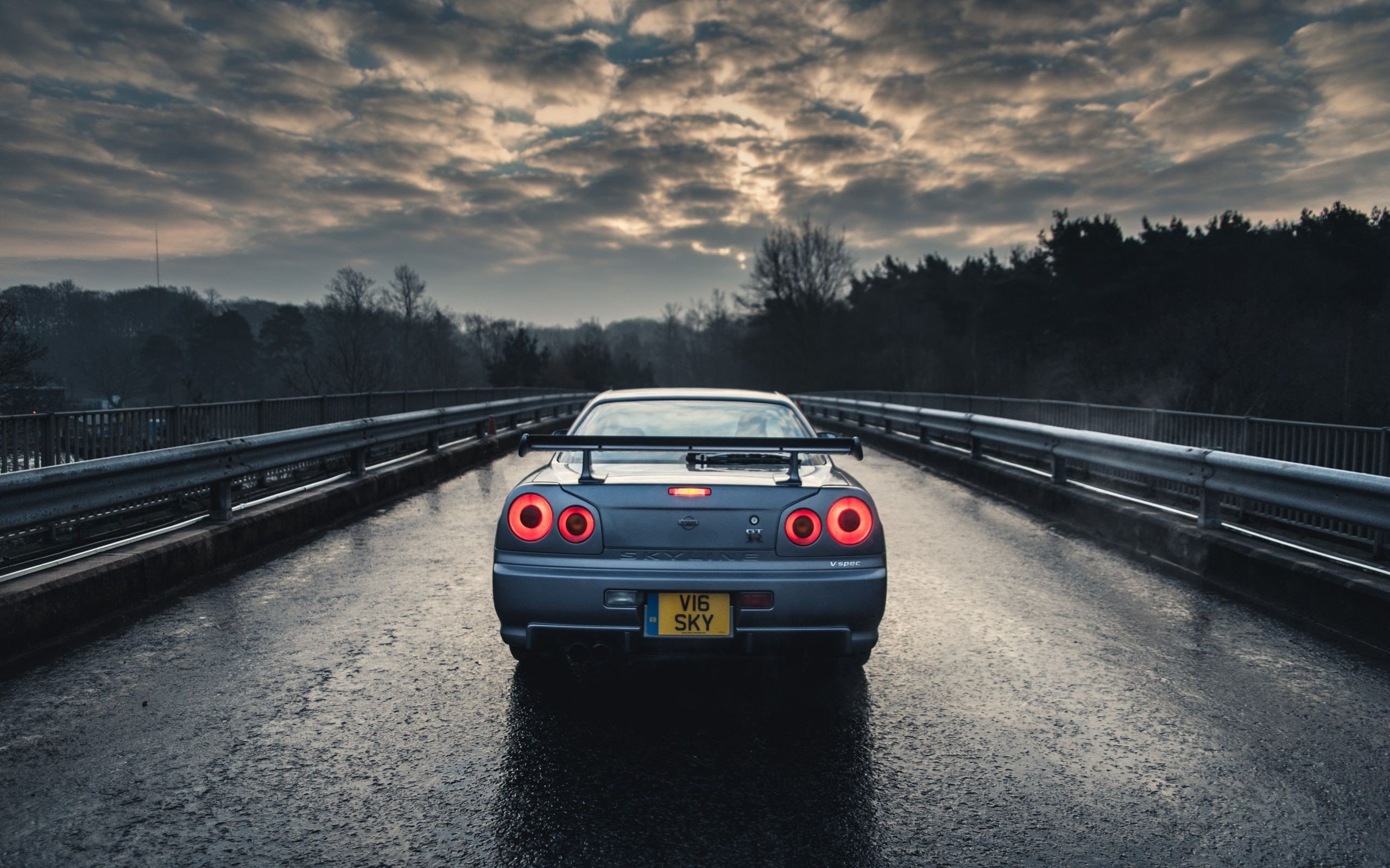 car, Nissan, Nissan Skyline GT R R34, Blue cars, Rain, Trees, Sky Wallpaper