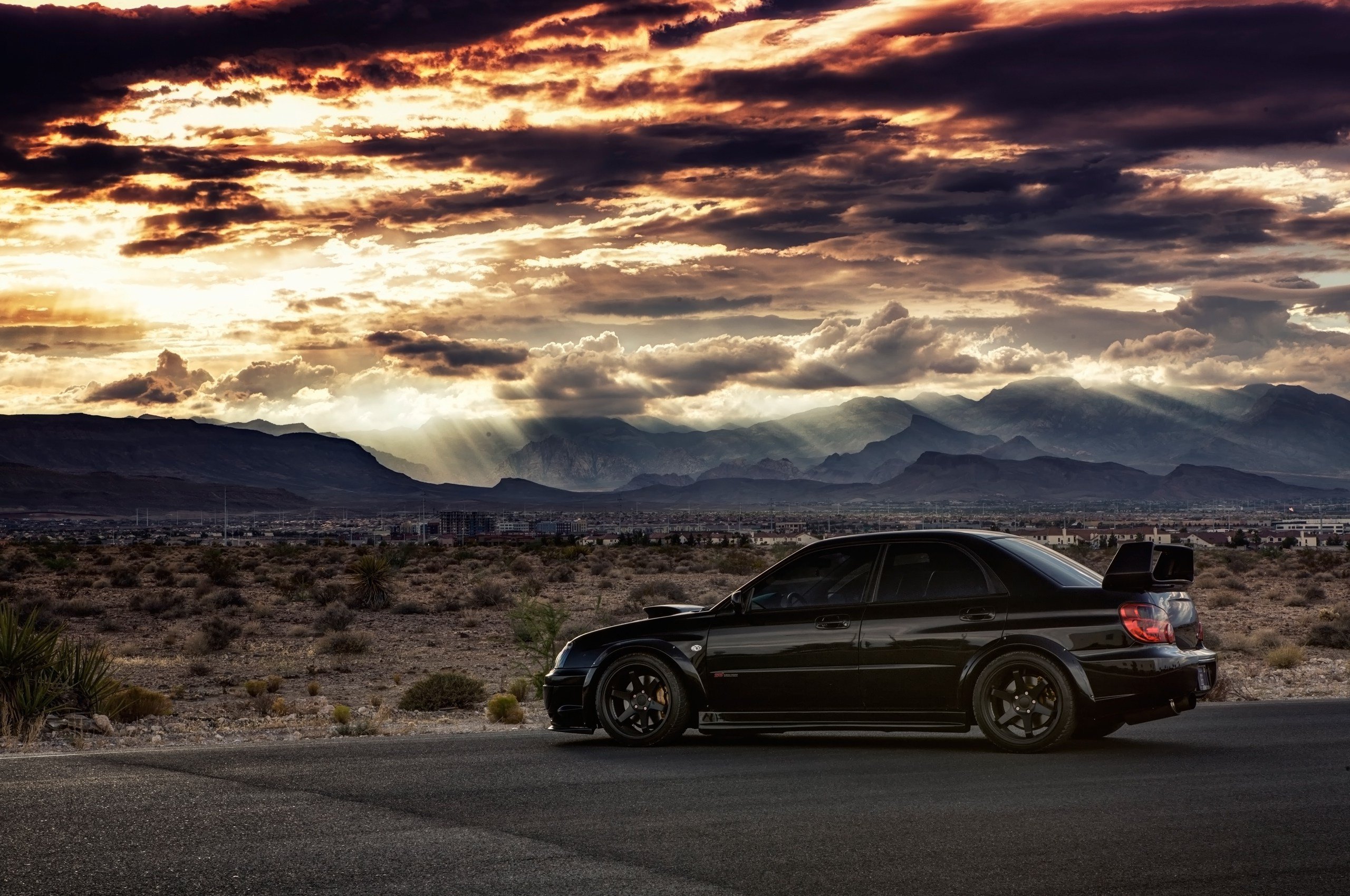car, Subaru Impreza WRX STi, Subaru, Black cars, Sunset, Desert, Clouds Wallpaper