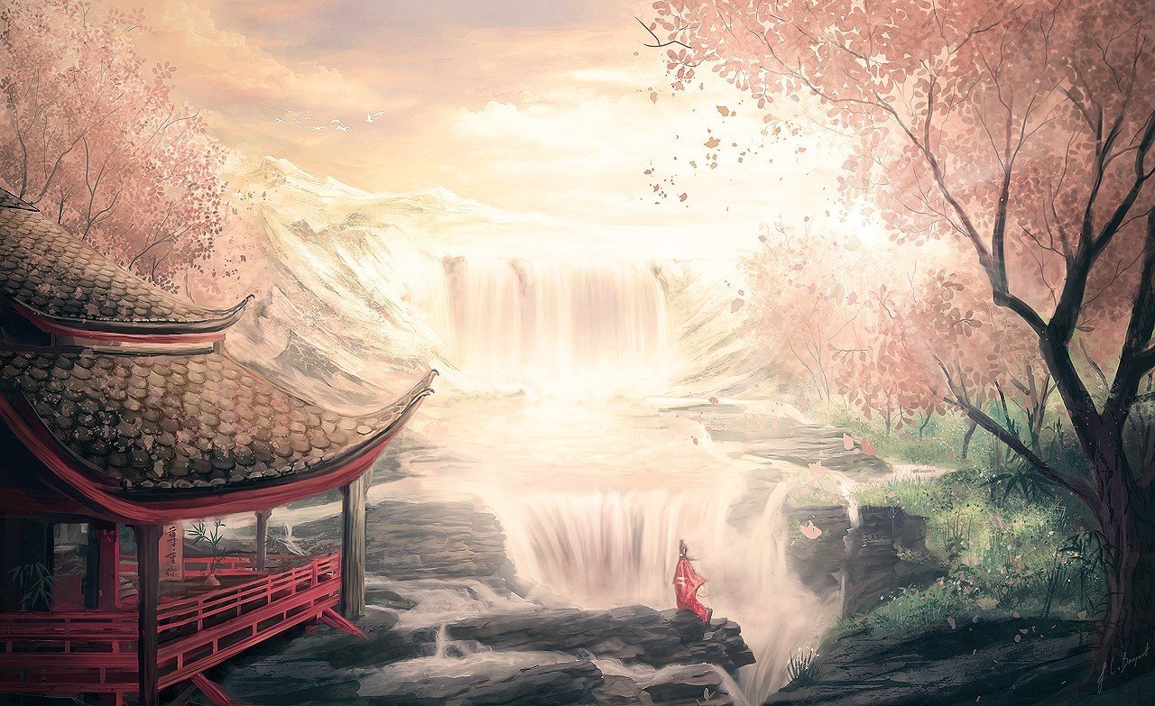 Japanese Garden, Japan, Water, Cherry trees Wallpaper
