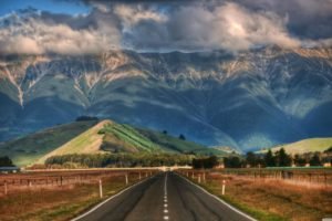 mountains, Clouds, Sunlight, Road, New Zealand